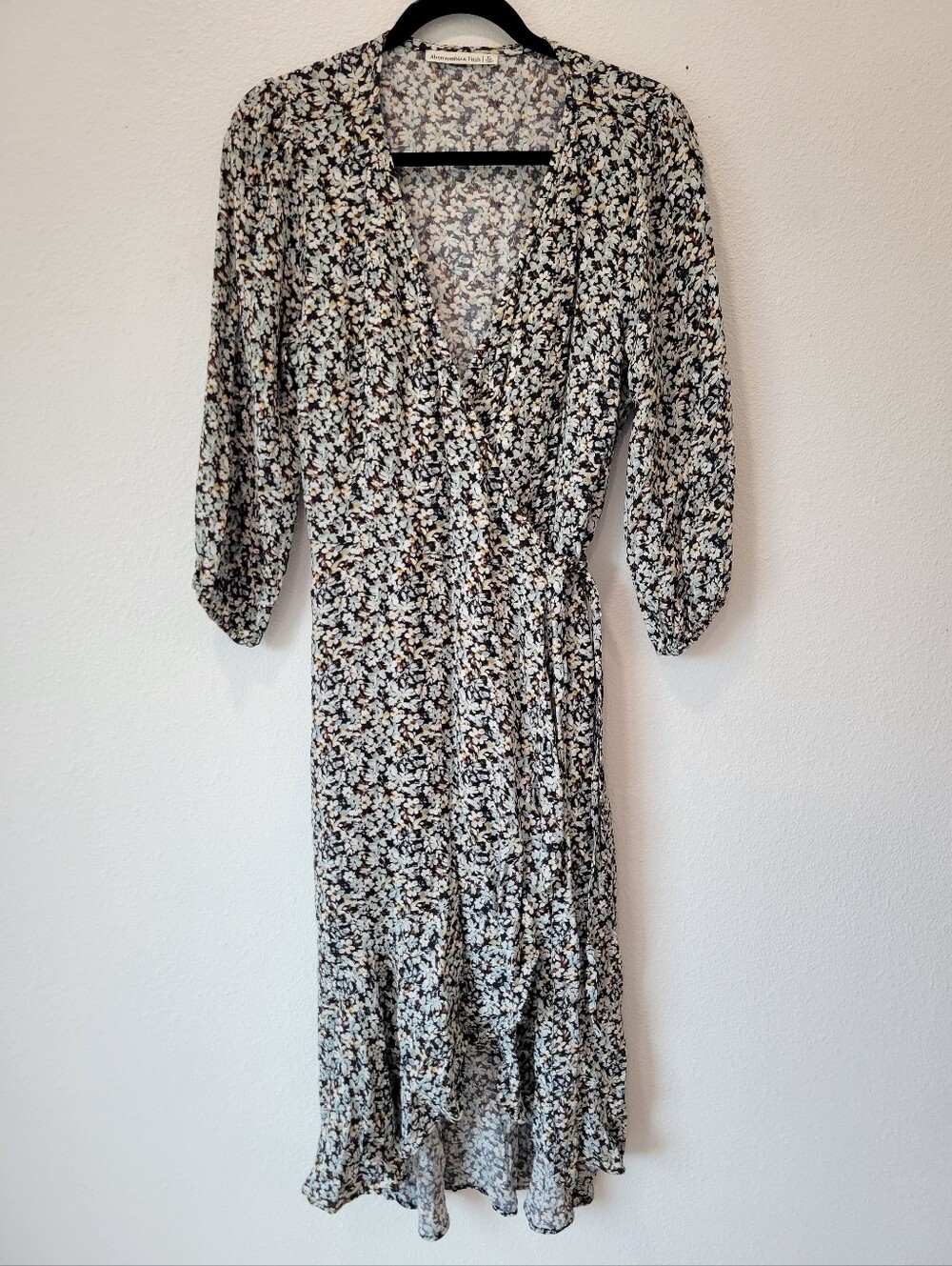 Abercrombie & Fitch Black Floral Midi Wrap Dress